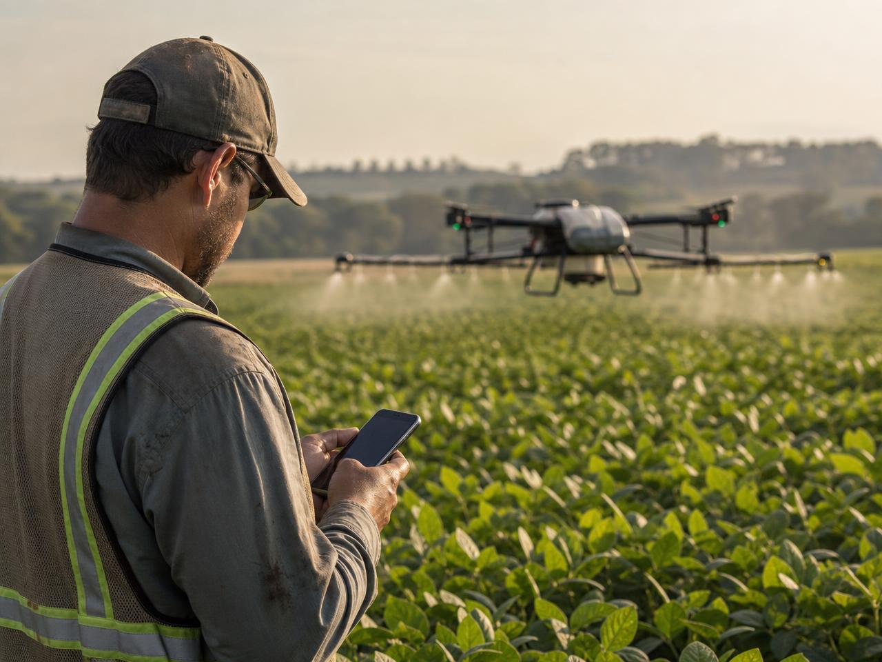 Operador de drone agrícola consultando o celular no campo enquanto um drone pulveriza a lavoura